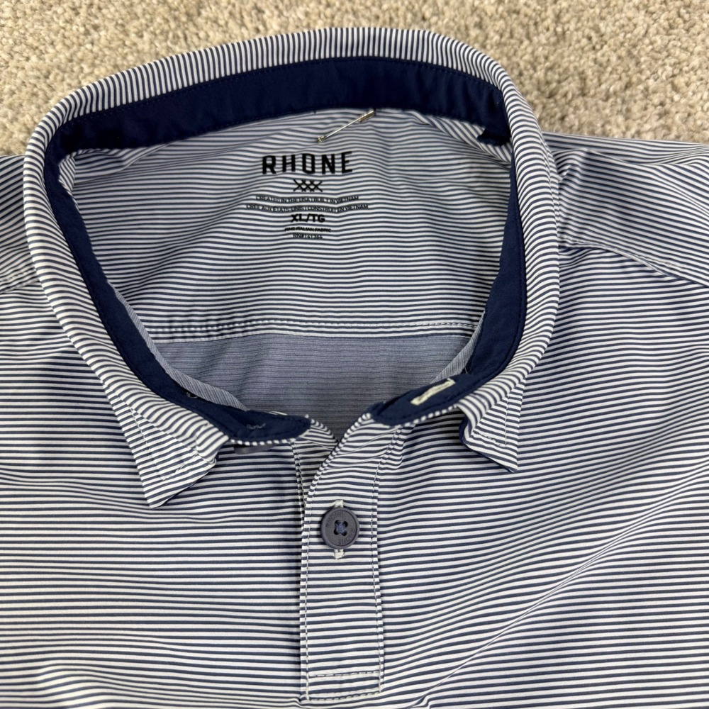 Rhone Delta Pique Polo Mens XL Blue‎ Stripe Stretch Perfomance Athletic Golfcore